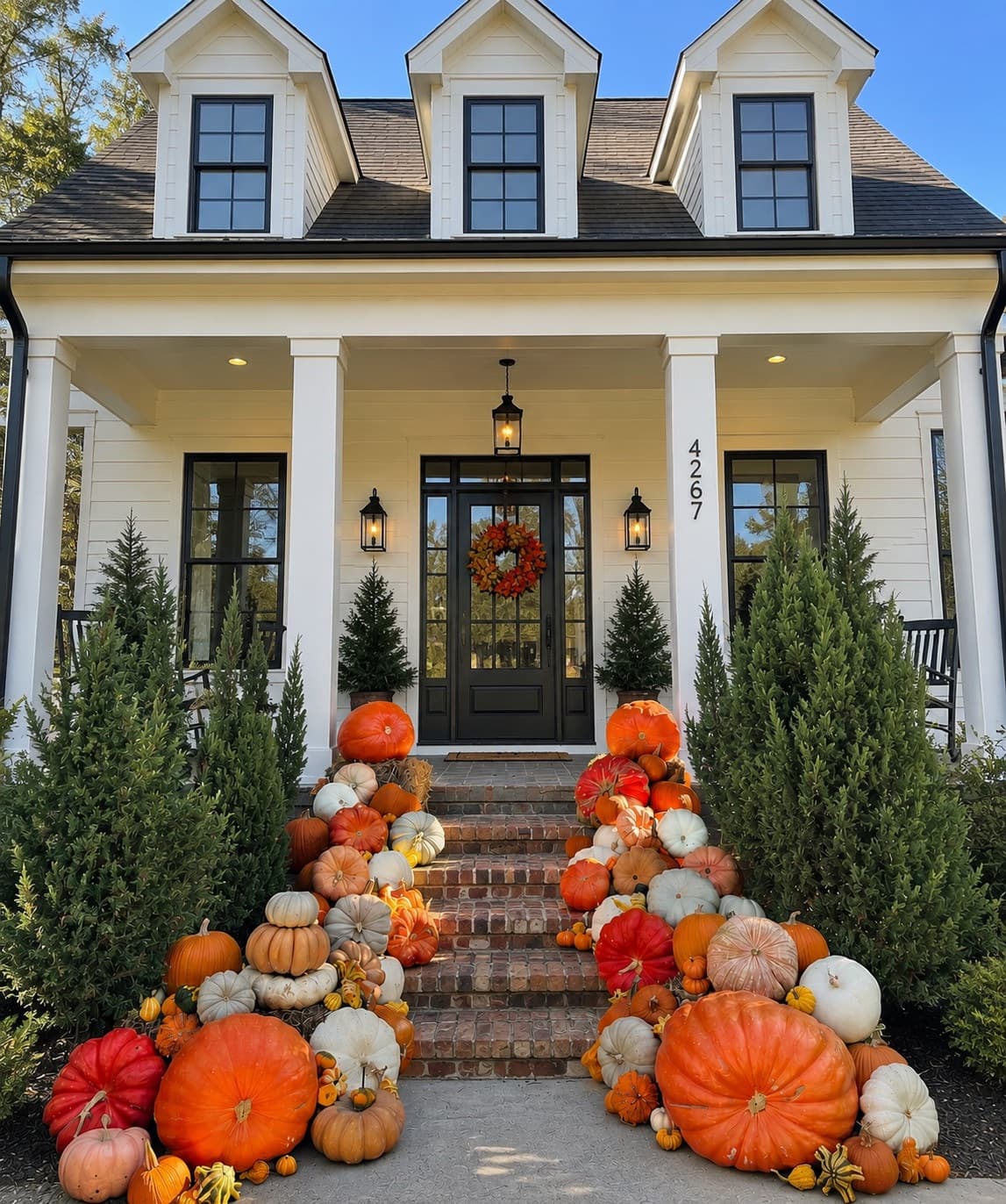 A white house with three dormers, a black glass-pane door, autumn wreath, and orange, white, and heirloom pumpkins cascading down both sides of the brick steps